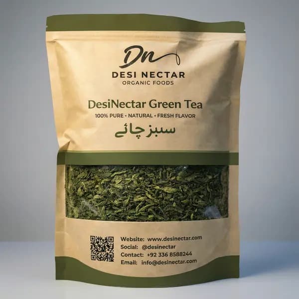 Desi Nectar whole-leaf green tea in a kraft pouch with a clear window