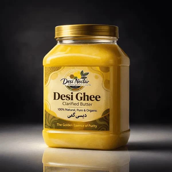 Desi Nectar desi ghee jar with gold lid on a dark background