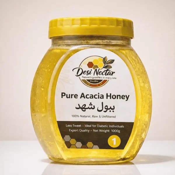 Desi Nectar raw acacia (palosa) honey in a 1 kg jar
