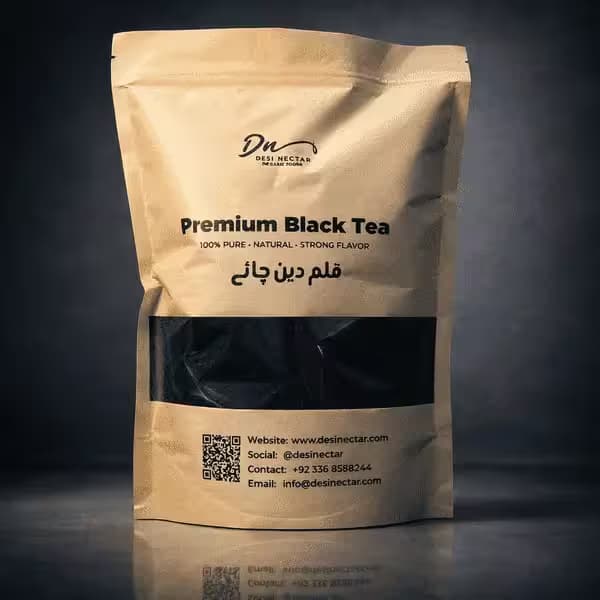 Desi Nectar premium black tea in a kraft pouch with a window showing the loose leaves