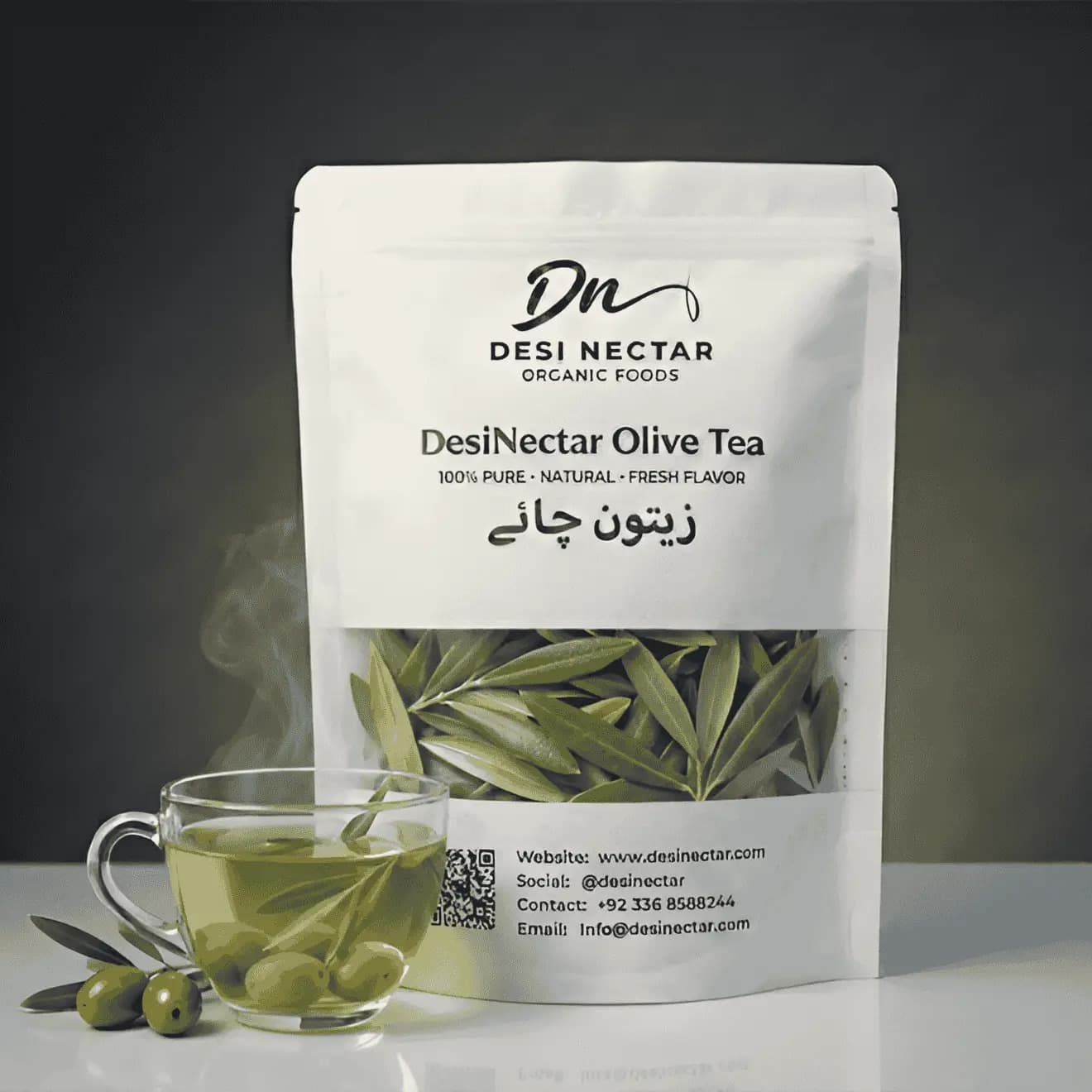Desi Nectar olive tea (zaitoon chai) pack beside a cup of olive leaf tea
