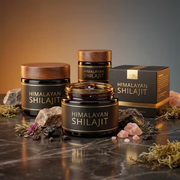 Display of premium Himalayan Shilajit resin jars with raw shilajit stones and packaging box on a dark marble surface